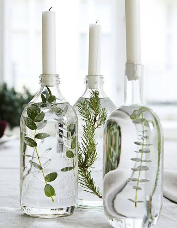 شمع و گیاه داخل بطری های شیشه ای