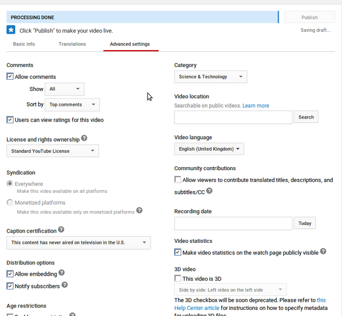 تنظیمات پیشرفته برای آپلود کردن ویدیو در یوتیوب
