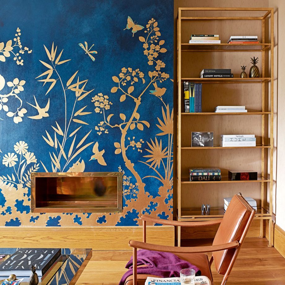 کاغذ دیواری اتاق نشیمن آبی و طلایی