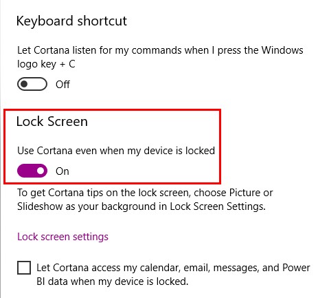 غیرفعال‌سازی Cortana و قفل صفحه