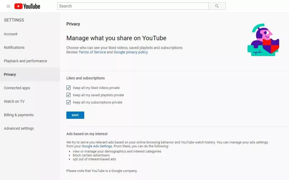 حریم خصوصی و تنظیمات ویدیویی یوتیوب