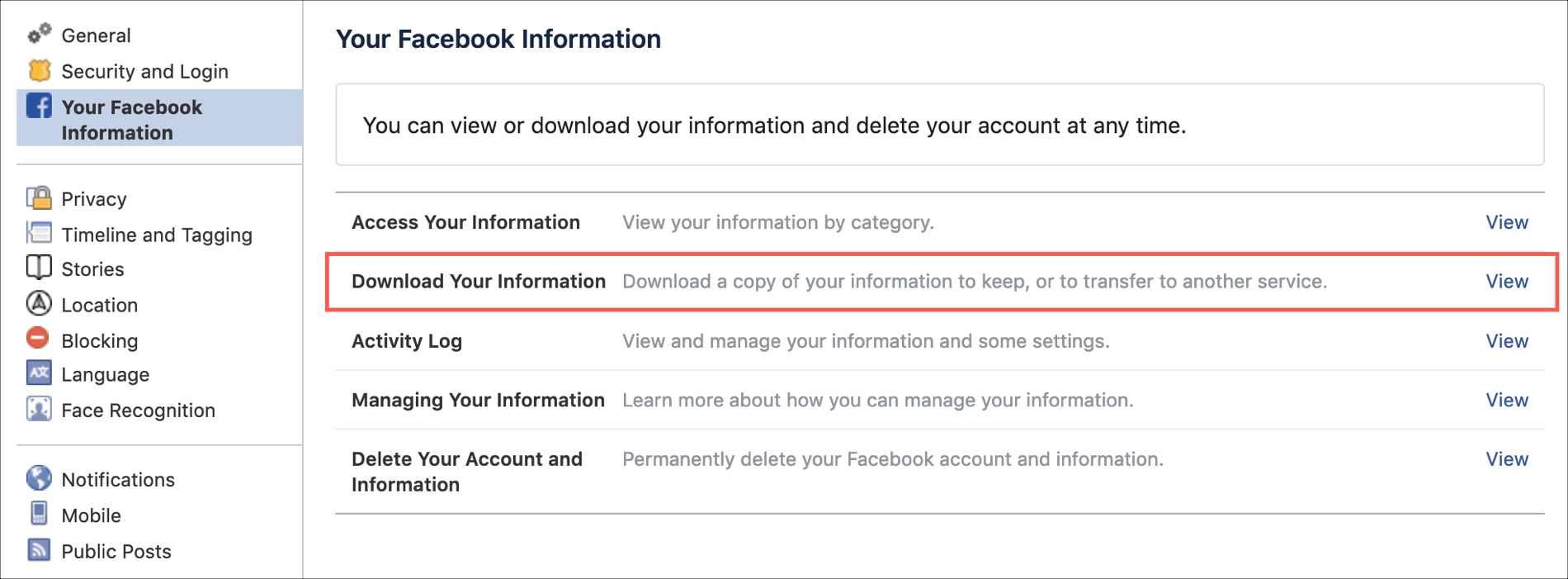 دانلود اطلاعات برای حذف اکانت فیسبوک